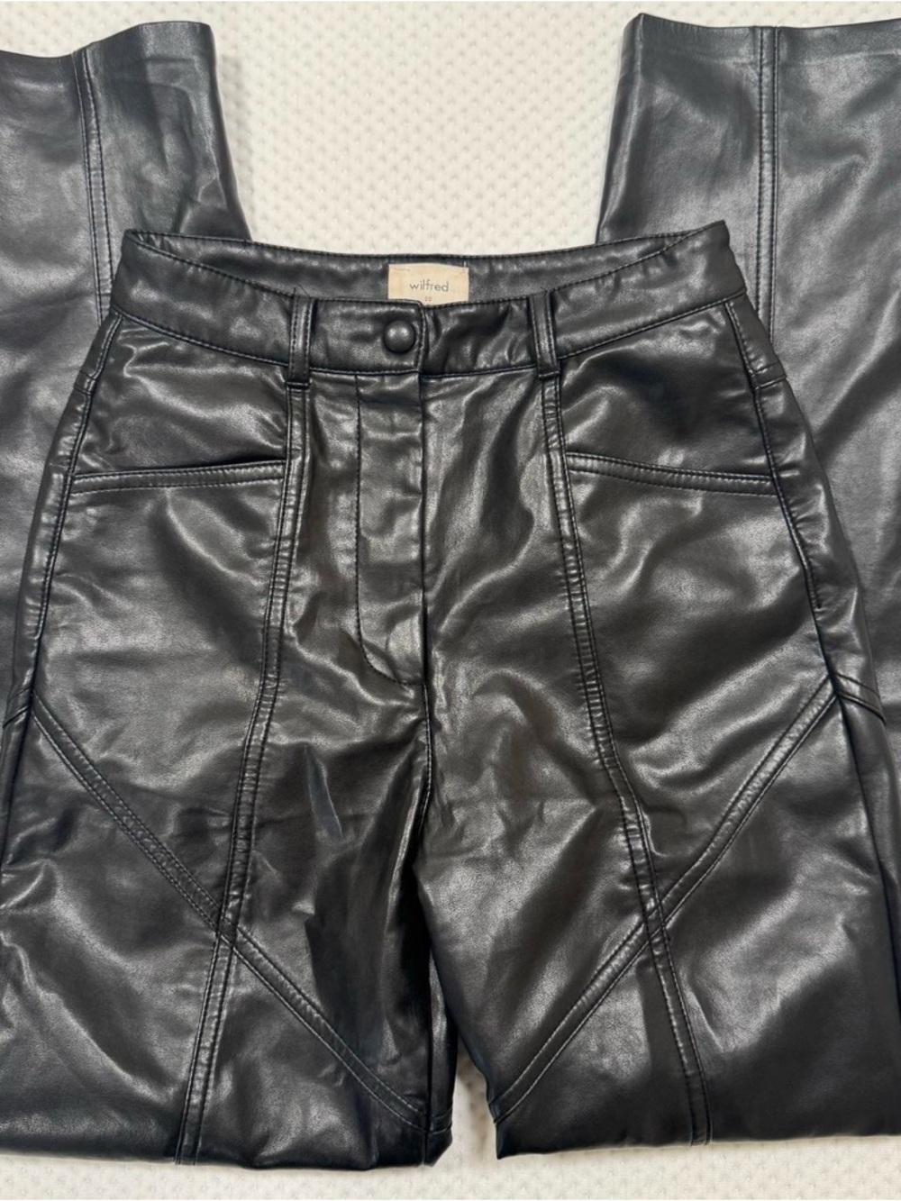 Wilfred Black Faux Leather Men’s Trousers with Panel Stitching